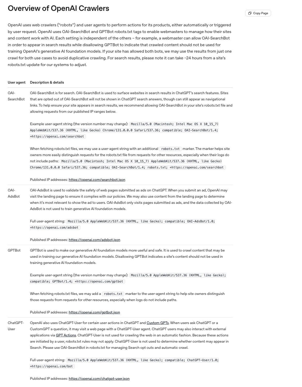 OpenAI developer documentation page listing its crawlers OAI-SearchBot, OAI-AdsBot, GPTBot and ChatGPT-User with user-agent strings and published IP address links.