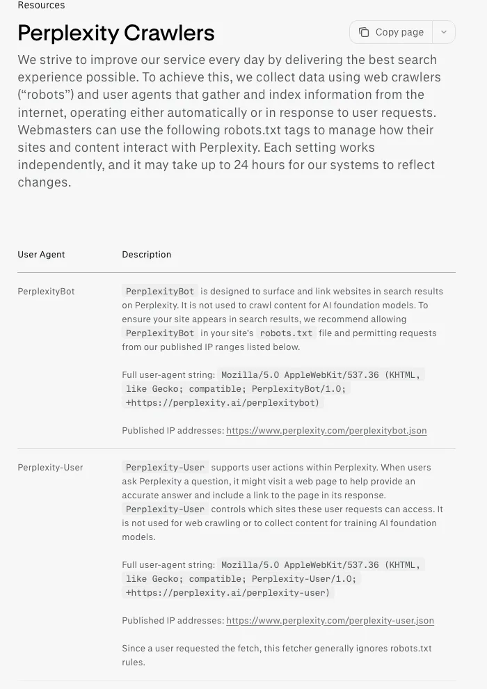 Perplexity documentation table describing PerplexityBot and Perplexity-User user agents, noting that Perplexity-User generally ignores robots.txt rules.