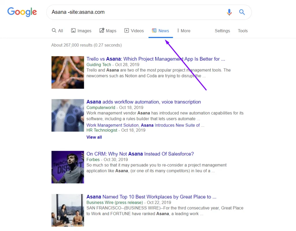 asana news screenshot on google