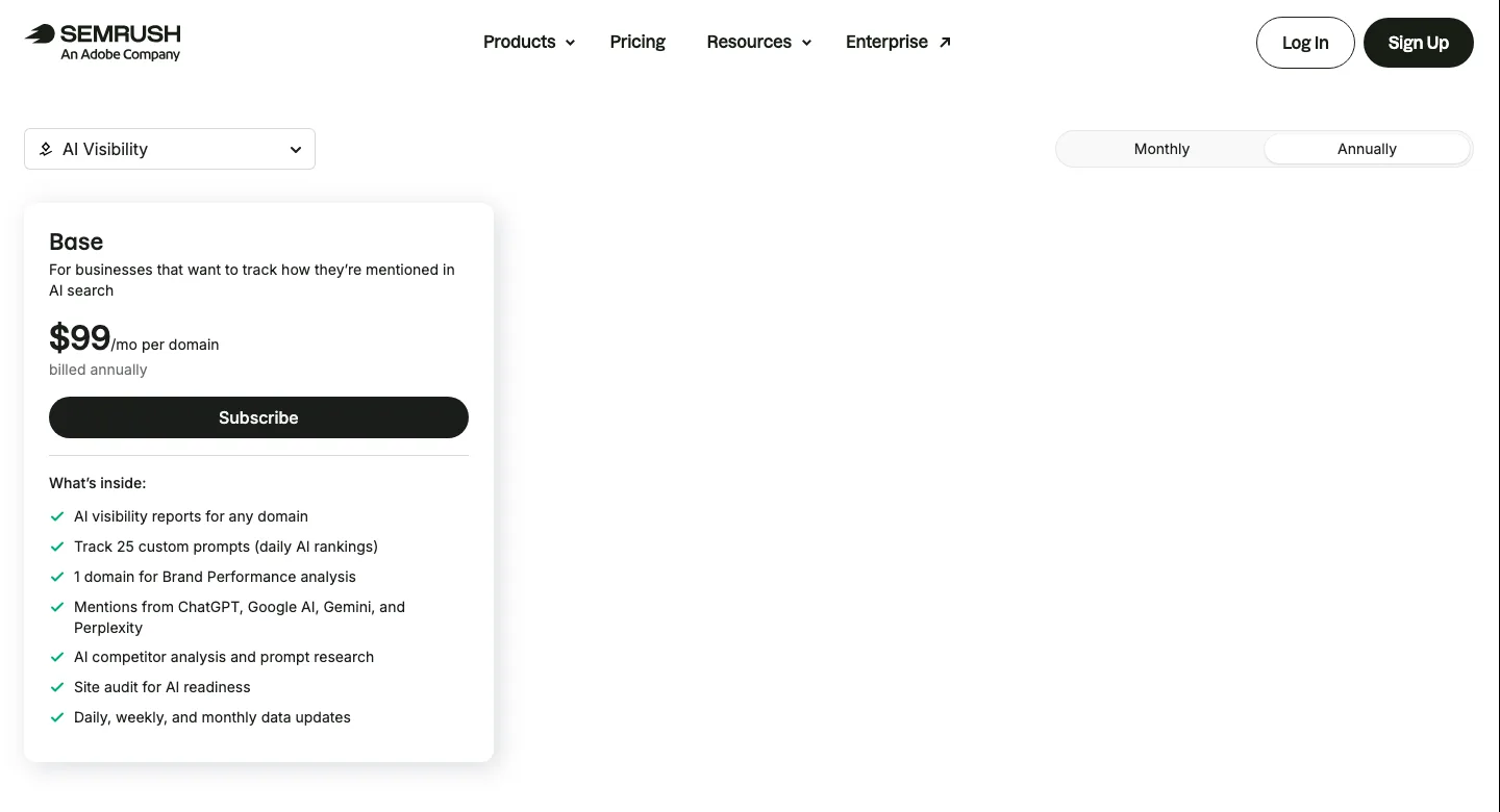 Semrush AI Visibility Toolkit pricing card showing 99 dollars per month per domain