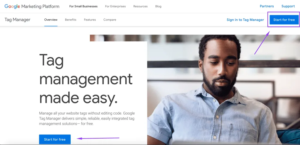 Google Tag Manager landing page