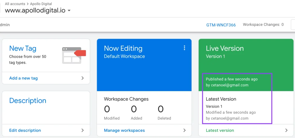 Published and live GTM container