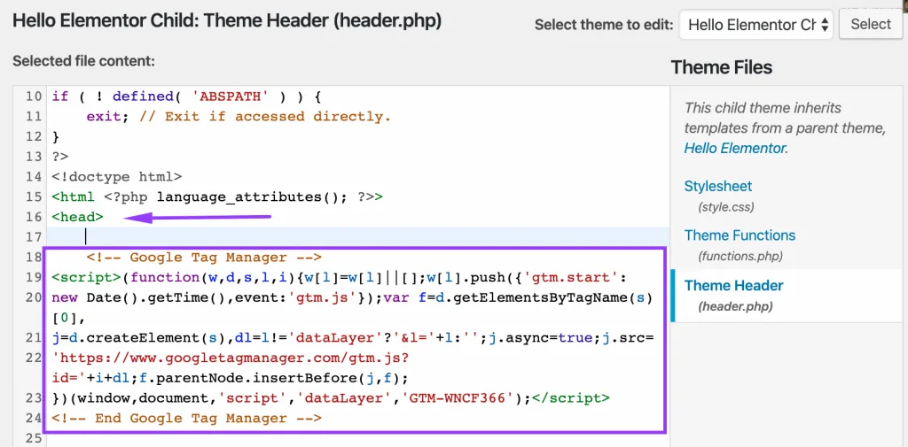 Install Google Tag Manager code snippet in WordPress child theme header file