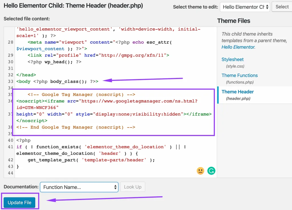 GTM install - WordPress header.php file editing