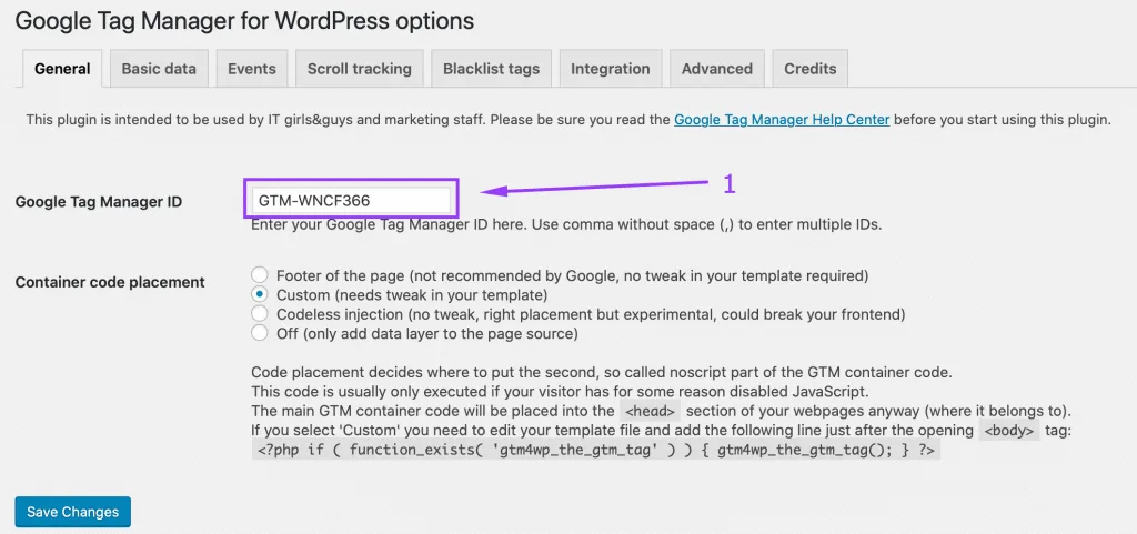 Customizing the Google Tag Manager WordPress plugin - adding the GTM account ID
