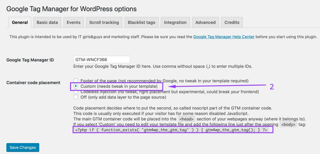 Install Google Tag Manager code snippet with WordPress plugin