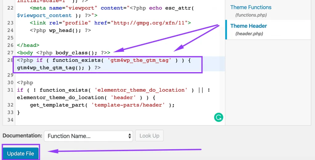 GTM code snippet under tag in WordPress theme header file