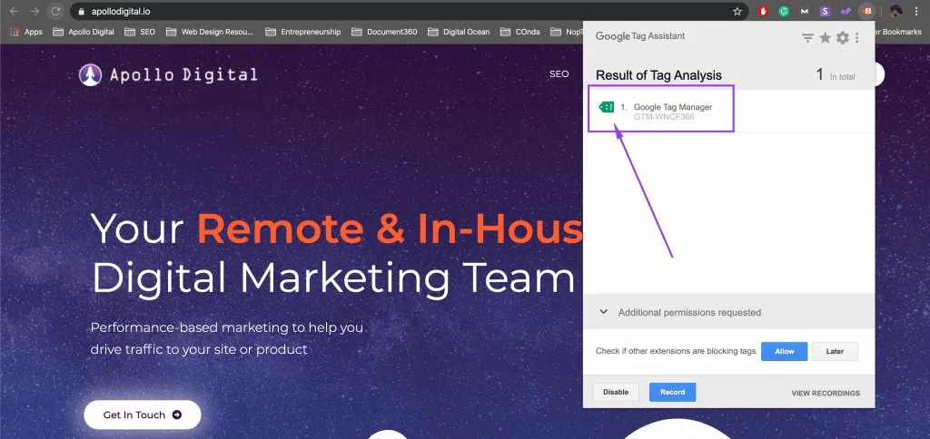 Validating the installation of Google Tag Manager