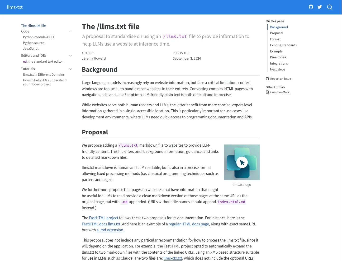 Screenshot of the llmstxt.org homepage showing the /llms.txt proposal, with Jeremy Howard listed as author and September 3, 2024 as the publication date.