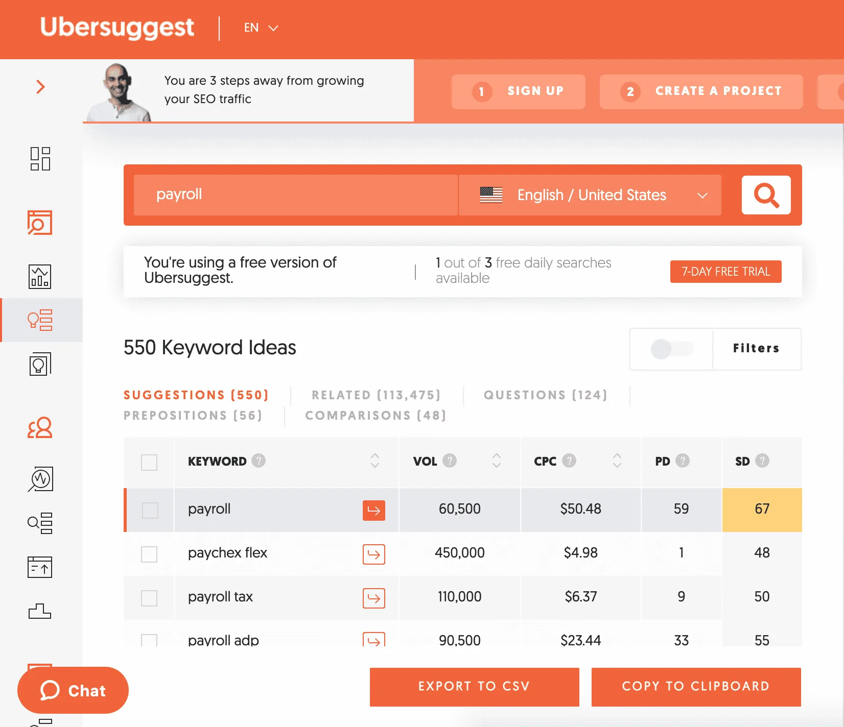 Ubersuggest keyword research