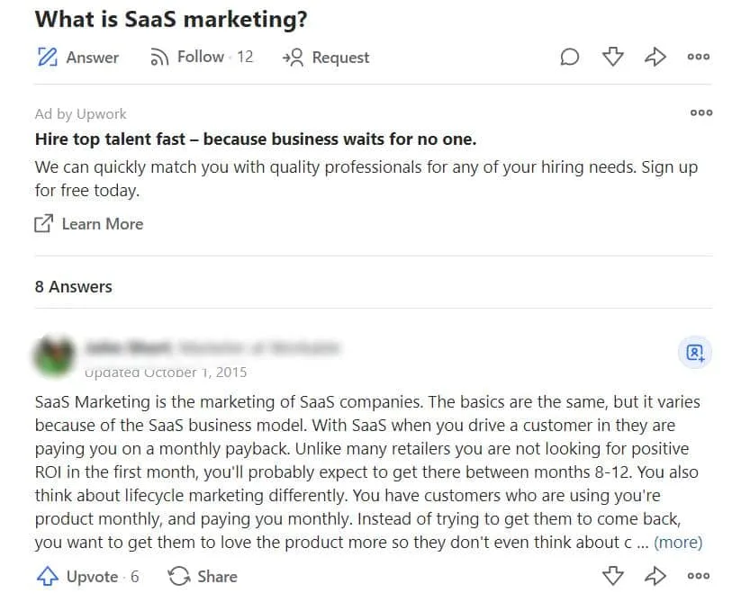 quora answers content promotion example