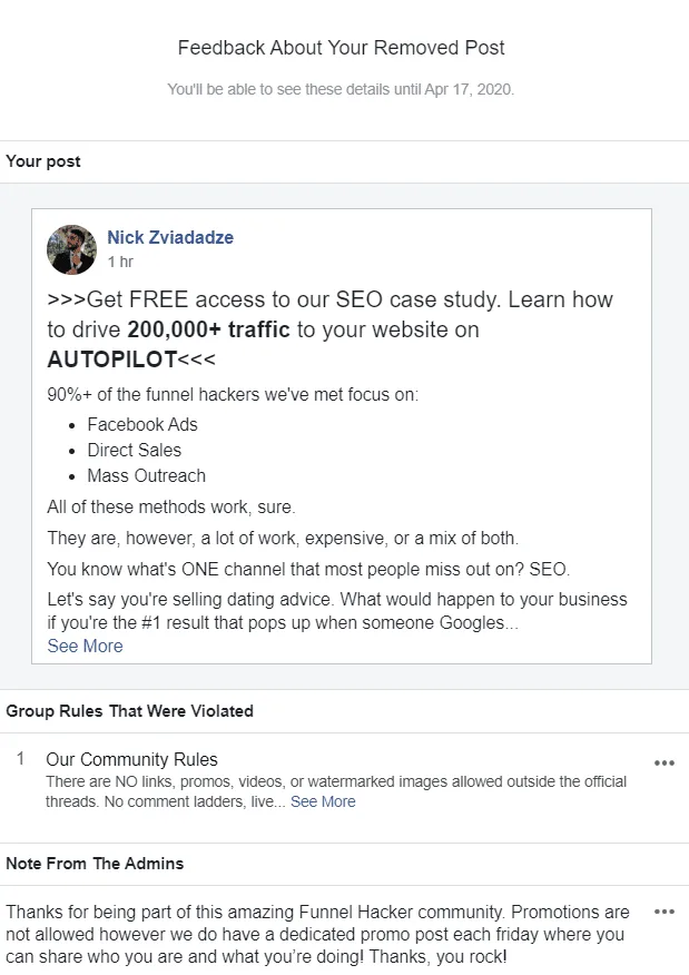 facebook post deleted screenshot