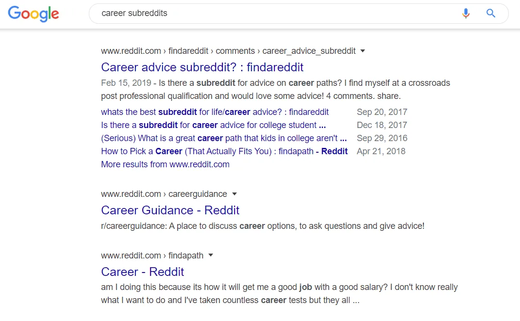 screenshot of subreddit results on google