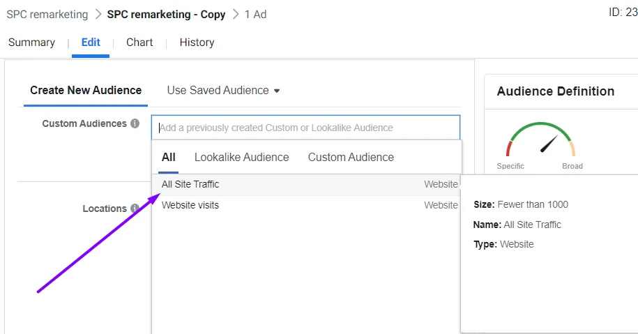 all site traffic remarketing screenshot ad set level