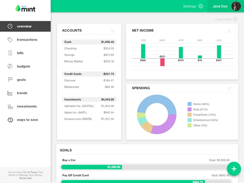 mint dashboard screenshot