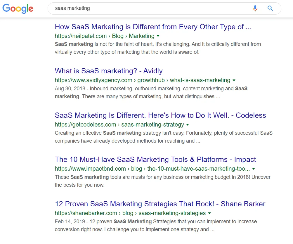 Saas marketing google search results