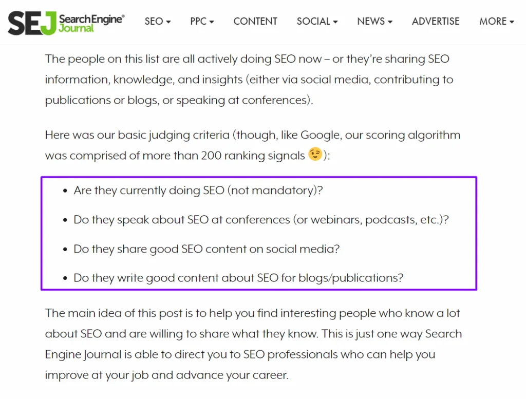 SEO expert judgement criterias