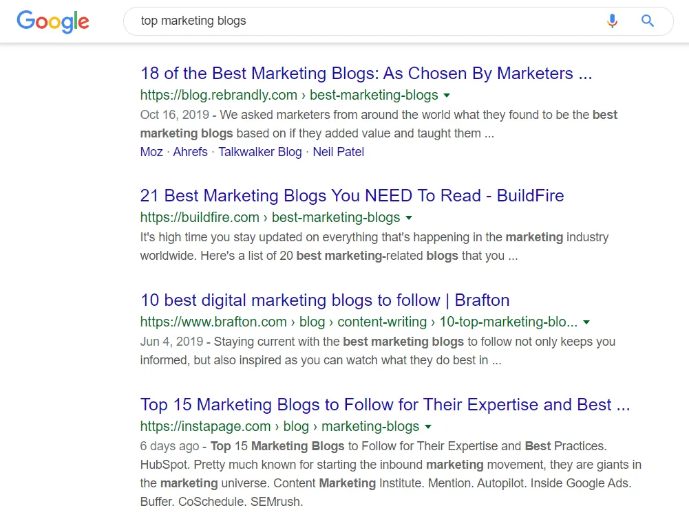 top marketing blogs google search results