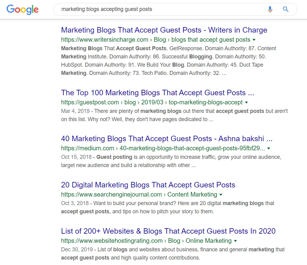 marketing blogs accepting guest posts google search results