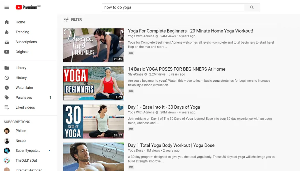 how to do yoga youtube search results