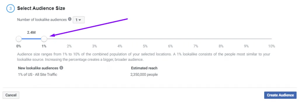facebook pixel selecting audience size