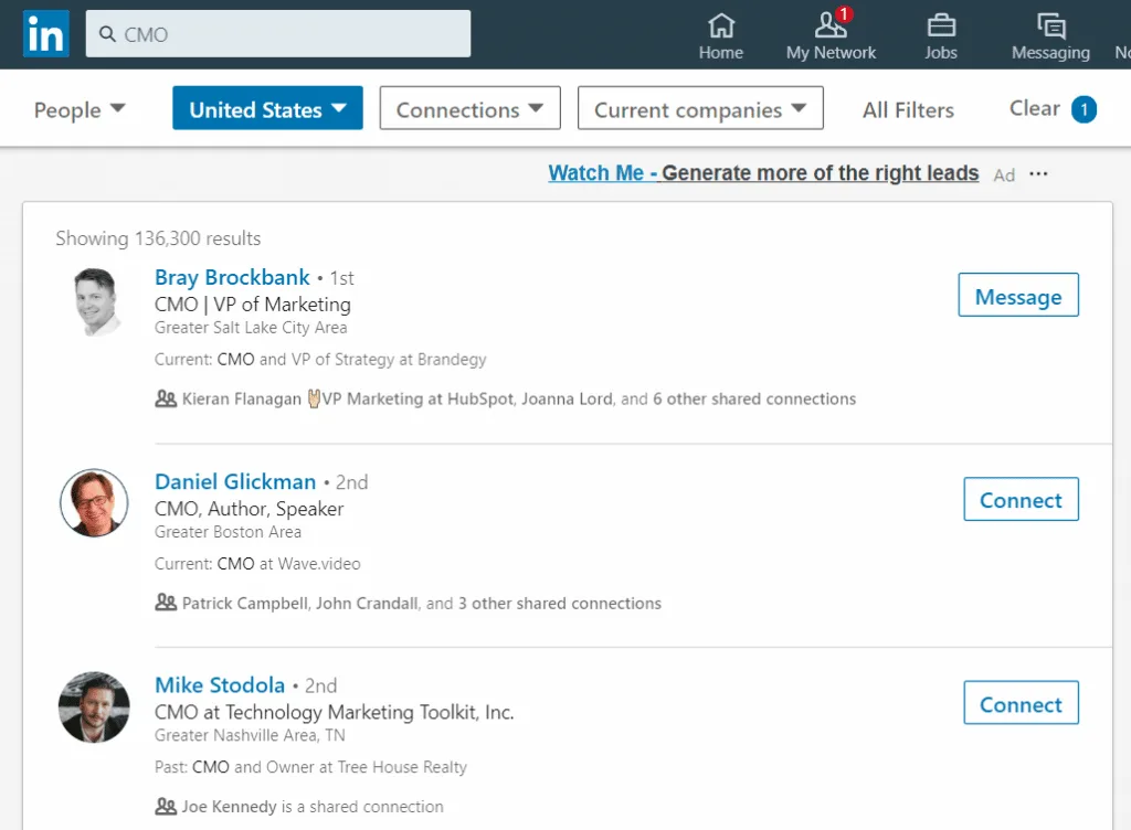 linkedIn CMO search results