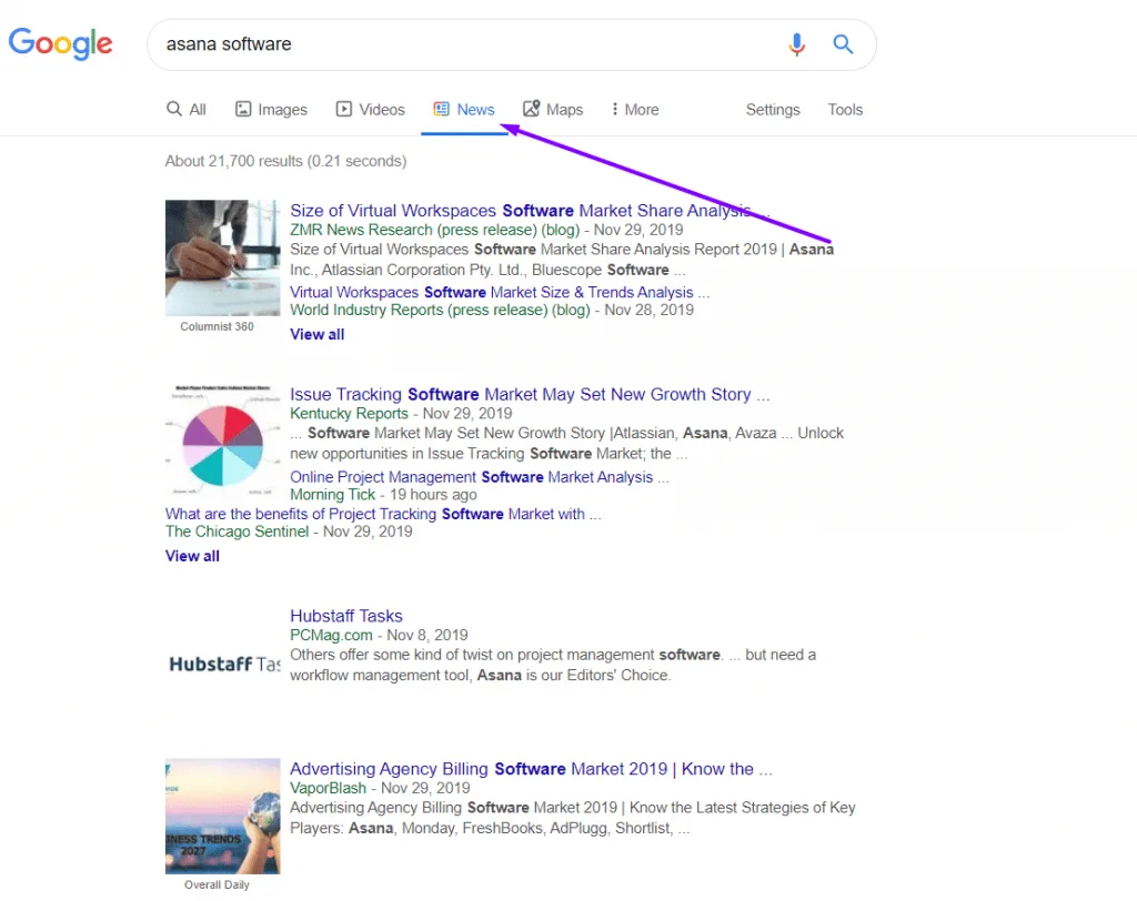 asana software google search results