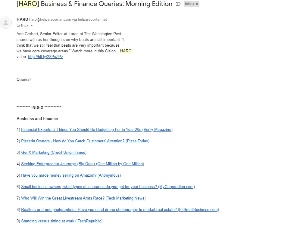 HARO Business and finance queries email
