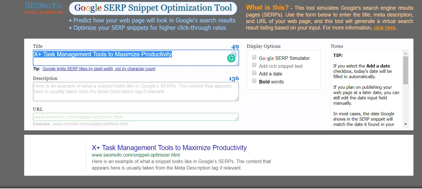 serp snippet optimization tool screenshot