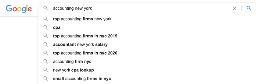 Google Search suggestions when searching for the term 'accounting new york'